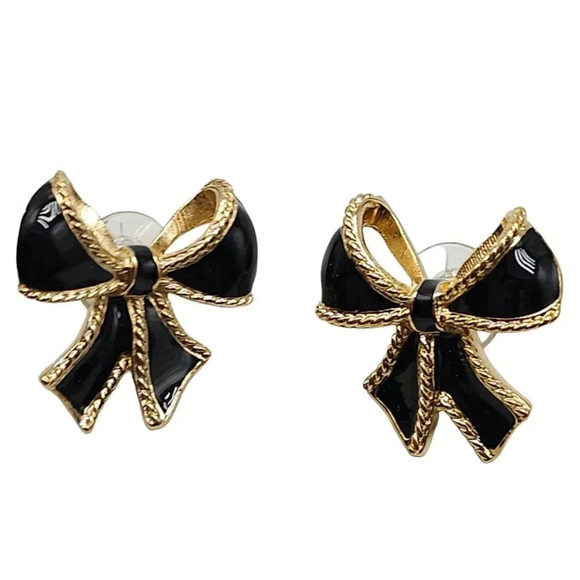 K.J.L Kenneth Jay Lane for Avon Black Enamel Bow Earrings Gold Tone Vintage - Picture 1 of 5